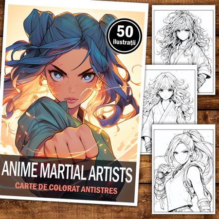Carte de colorat pentru relaxare si antistres, 50 de ilustratii, Anime Martial Artists, 106 pagini [1]