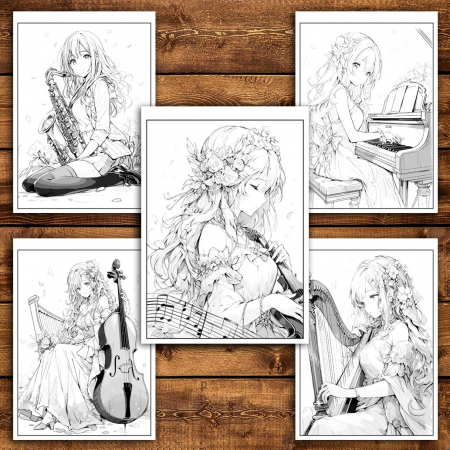 Carte de colorat pentru relaxare si antistres, 50 de ilustratii, Anime Musician Girls, 106 pagini [3]