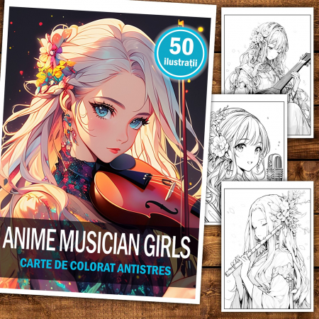 Carte de colorat pentru relaxare si antistres, 50 de ilustratii, Anime Musician Girls, 106 pagini [1]