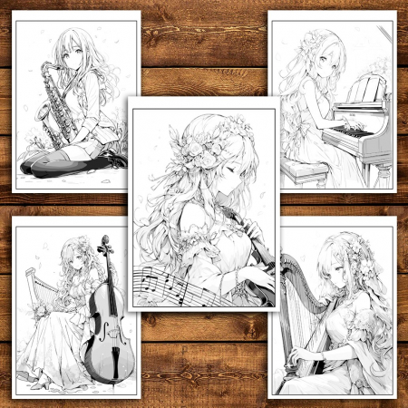 Carte de colorat pentru relaxare si antistres, 50 de ilustratii, Anime Musician Girls, 106 pagini [3]