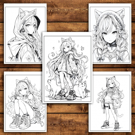 Carte de colorat pentru relaxare si antistres, 50 de ilustratii, Anime Neko Girls - Volumul II, 106 pagini [3]