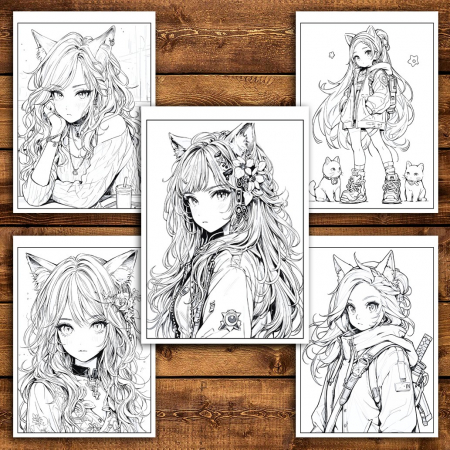 Carte de colorat pentru relaxare si antistres, 50 de ilustratii, Anime Neko Girls - Volumul II, 106 pagini [4]