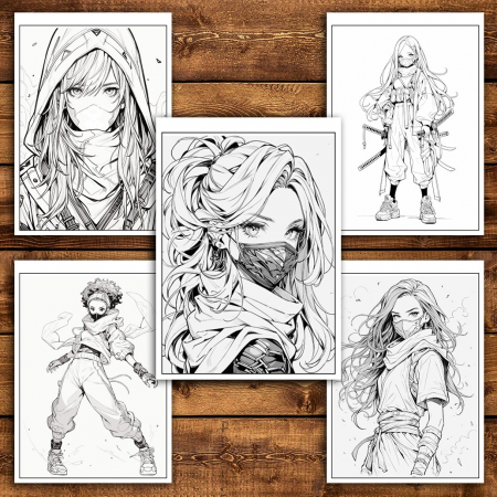 Carte de colorat pentru relaxare si antistres, 50 de ilustratii, Anime Ninja Girls - Volumul II, 106 pagini [4]
