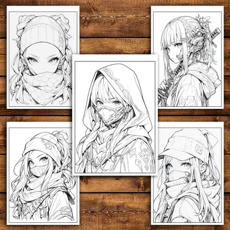 Carte de colorat pentru relaxare si antistres, 50 de ilustratii, Anime Ninja Girls - Volumul II, 106 pagini [3]