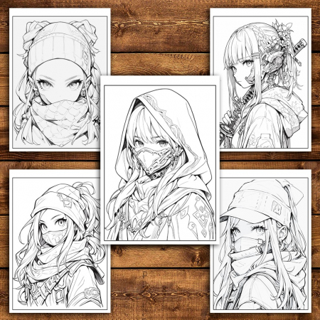 Carte de colorat pentru relaxare si antistres, 50 de ilustratii, Anime Ninja Girls - Volumul II, 106 pagini [3]