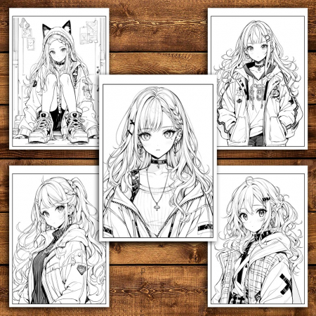 Carte de colorat pentru relaxare si antistres, 50 de ilustratii, Anime Punk Girls - Volumul II, 106 pagini [4]
