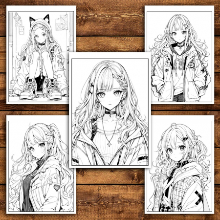 Carte de colorat pentru relaxare si antistres, 50 de ilustratii, Anime Punk Girls - Volumul II, 106 pagini [4]