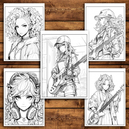 Carte de colorat pentru relaxare si antistres, 50 de ilustratii, Anime Rockstar Girls, 106 pagini [3]