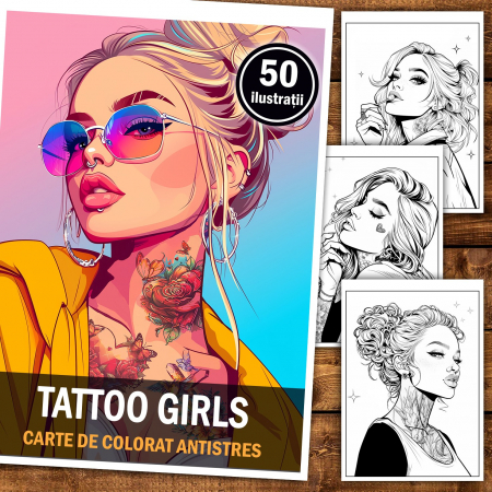 Carte de colorat pentru relaxare si antistres, 50 de ilustratii, Anime Tattoo Girls, 106 pagini [1]