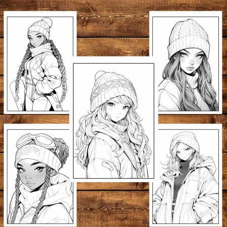Carte de colorat pentru relaxare si antistres, 50 de ilustratii, Anime Winter Girls, 106 pagini [3]