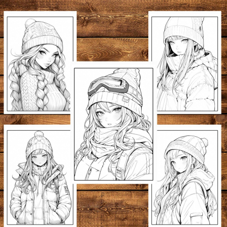 Carte de colorat pentru relaxare si antistres, 50 de ilustratii, Anime Winter Girls, 106 pagini [4]