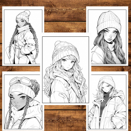 Carte de colorat pentru relaxare si antistres, 50 de ilustratii, Anime Winter Girls, 106 pagini [3]