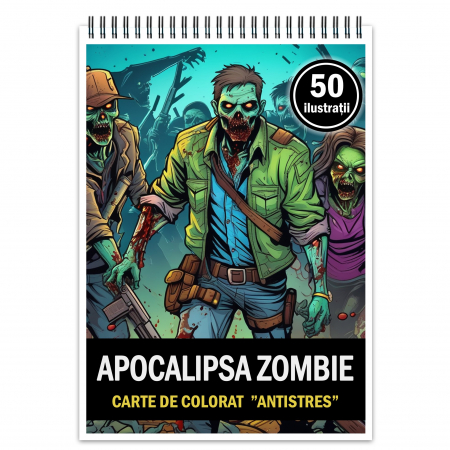 Carti de colorat Horror - Carte de colorat pentru relaxare si antistres, 50 de ilustratii, Apocalipsa Zombie, 106 pagini