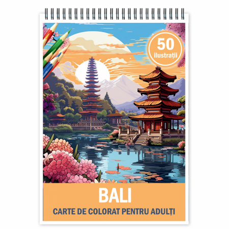 Carti de colorat cu Peisaje, cladiri, castele - Carte de colorat pentru relaxare si antistres, 50 de ilustratii, Bali, 106 pagini