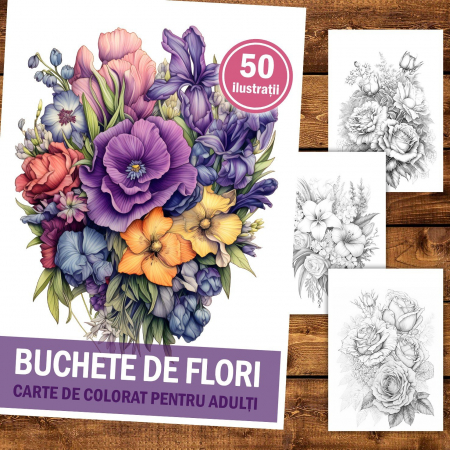 Carte de colorat pentru relaxare si antistres, 50 de ilustratii, Buchete de flori, 106 pagini [1]