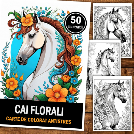 Carte de colorat pentru relaxare si antistres, 50 de ilustratii, Cai Florali, 106 pagini [1]