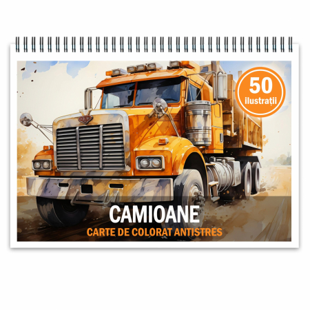 Carti de colorat cu masini si vehicule - Carte de colorat pentru relaxare si antistres, 50 de ilustratii, Camioane, 106 pagini