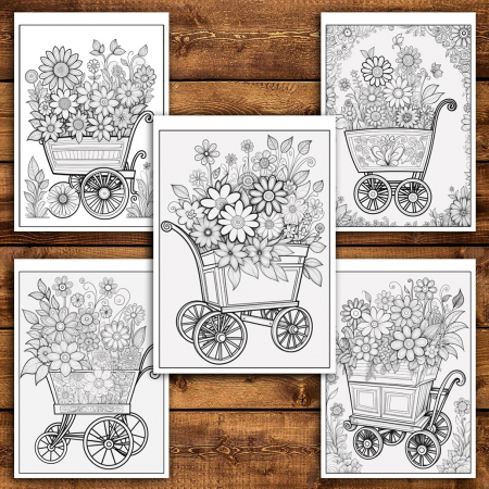 Carte de colorat pentru relaxare si antistres, 50 de ilustratii, Carucioare cu flori, 106 pagini [3]