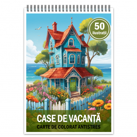 Carti de colorat cu cladiri si casute - Carte de colorat pentru relaxare si antistres, 50 de ilustratii, Case de vacanta, 106 pagini