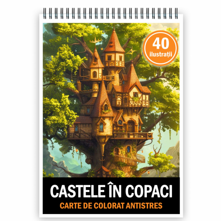 Carti de colorat cu Peisaje, cladiri, castele - Carte de colorat pentru relaxare si antistres, 50 de ilustratii, Castele in copaci, 106 pagini