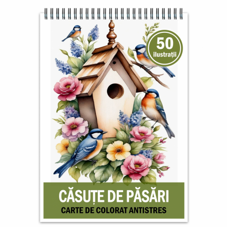 Carte de colorat pentru relaxare si antistres, 50 de ilustratii, Casute de pasari, 106 pagini [1]