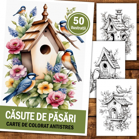 Carti de colorat antistres pentru adulti - Carte de colorat pentru relaxare si antistres, 50 de ilustratii, Casute de pasari, 106 pagini