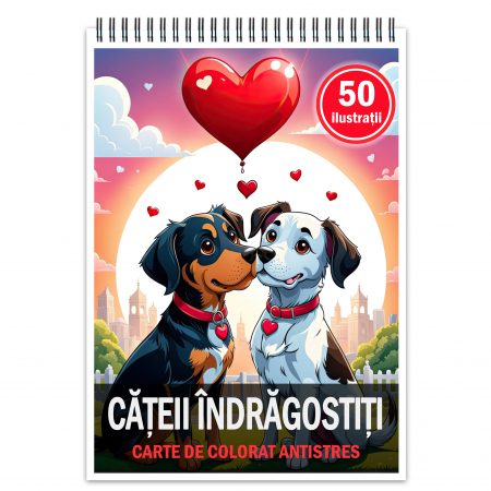 Carti de colorat cu Animale - Carte de colorat pentru relaxare si antistres, 50 de ilustratii, Catei Indragostiti, 106 pagini