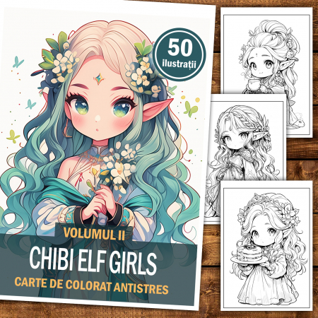 Carte de colorat pentru relaxare si antistres, 50 de ilustratii, Chibi Elf Girls, 106 pagini [1]