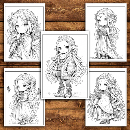 Carte de colorat pentru relaxare si antistres, 50 de ilustratii, Chibi Elf Girls, 106 pagini [4]