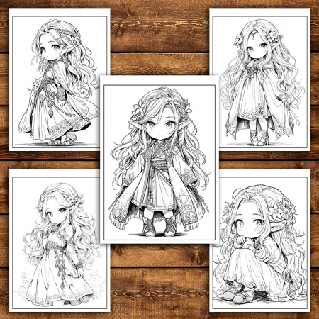 Carte de colorat pentru relaxare si antistres, 50 de ilustratii, Chibi Elf Girls, 106 pagini [3]