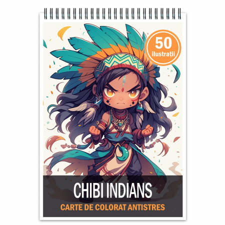 Carti de colorat Chibi Anime - Carte de colorat pentru relaxare si antistres, 50 de ilustratii, Chibi Indians, 106 pagini