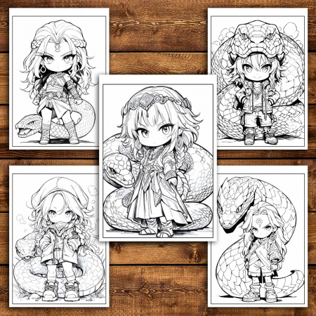 Carte de colorat pentru relaxare si antistres, 50 de ilustratii, Chibi Snake Girls, 106 pagini [4]