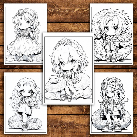 Carte de colorat pentru relaxare si antistres, 50 de ilustratii, Chibi Snake Girls, 106 pagini [3]