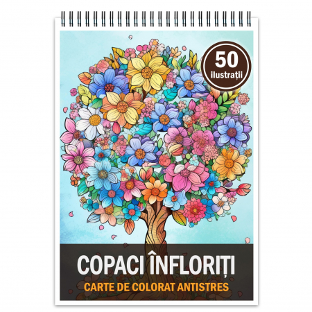 Carti de colorat cu Flori - Carte de colorat pentru relaxare si antistres, 50 de ilustratii, Copaci Infloriti, 106 pagini