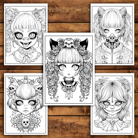 Carte de colorat pentru relaxare si antistres, 50 de ilustratii, Creepy Kawaii Girls, 106 pagini [3]