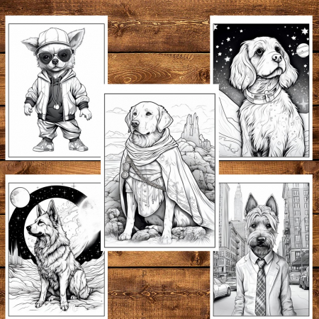 Carte de colorat pentru relaxare si antistres, 50 de ilustratii, Fantasy Dogs, 106 pagini [5]