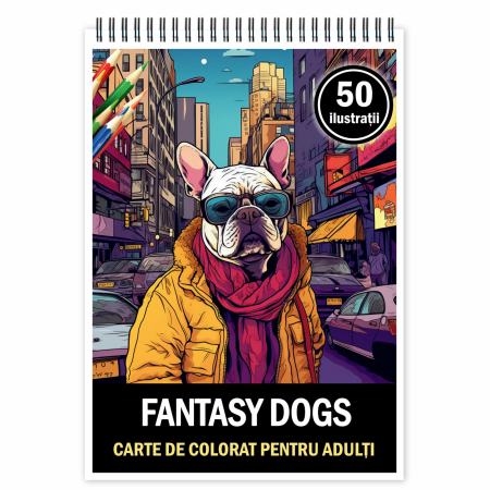 Carti de colorat cu Animale - Carte de colorat pentru relaxare si antistres, 50 de ilustratii, Fantasy Dogs, 106 pagini