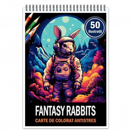 Carti de colorat cu Animale - Carte de colorat pentru relaxare si antistres, 50 de ilustratii, Fantasy Rabbits, 106 pagini