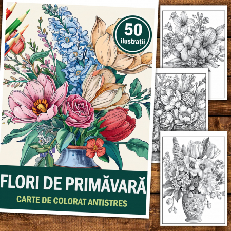Carte de colorat pentru relaxare si antistres, 50 de ilustratii, Flori de Primavara, 106 pagini [1]