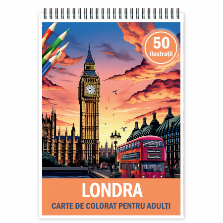 Carti de colorat cu Peisaje, cladiri, castele - Carte de colorat pentru relaxare si antistres, 50 de ilustratii, Londra, 106 pagini