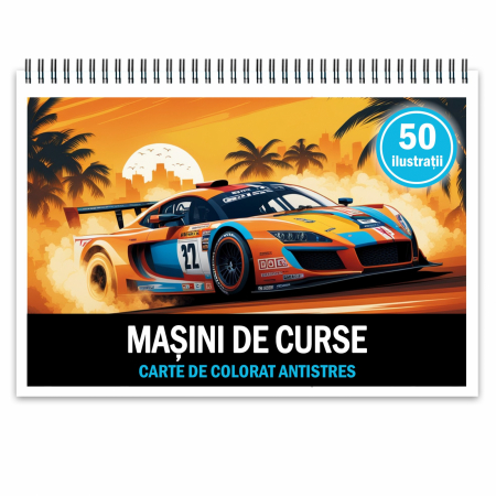 Carti de colorat cu masini si vehicule - Carte de colorat pentru relaxare si antistres, 50 de ilustratii, Masini de curse, 106 pagini