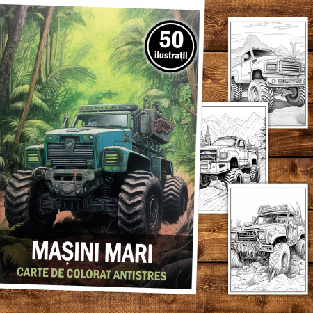 Carte de colorat pentru relaxare si antistres, 50 de ilustratii, Masini mari, 106 pagini [1]