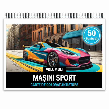 Carti de colorat cu masini si vehicule - Carte de colorat pentru relaxare si antistres, 50 de ilustratii, Masini sport - Volumul I, 106 pagini