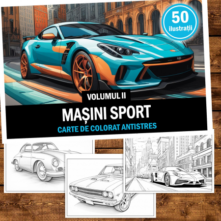 Carte de colorat pentru relaxare si antistres, 50 de ilustratii, Masini sport - Volumul II, 106 pagini [1]
