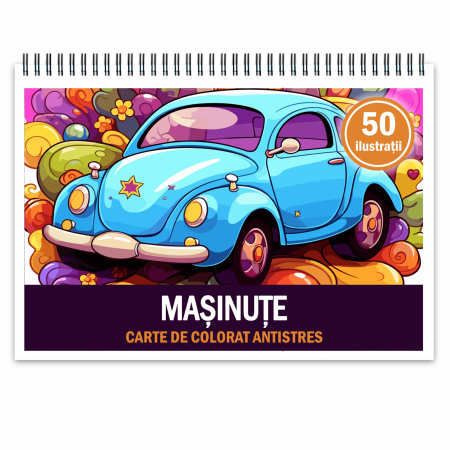 Carti de colorat cu masini si vehicule - Carte de colorat pentru relaxare si antistres, 50 de ilustratii, Masinute, 106 pagini