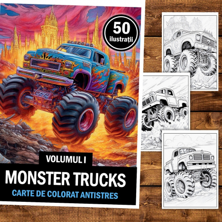 Carte de colorat pentru relaxare si antistres, 50 de ilustratii, Monster Trucks - Volumul I, 106 pagini [1]