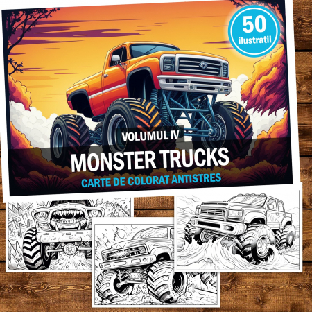 Carte de colorat pentru relaxare si antistres, 50 de ilustratii, Monster Trucks - Volumul IV, 106 pagini [1]