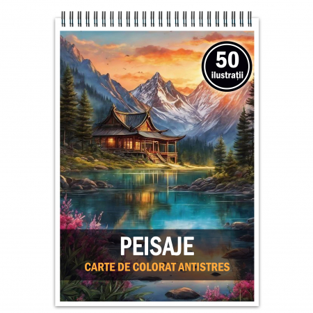 Carti de colorat cu peisaje - Carte de colorat pentru relaxare si antistres, 50 de ilustratii, Peisaje, 106 pagini