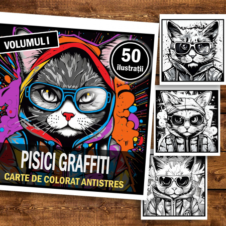 Carte de colorat pentru relaxare si antistres, 50 de ilustratii, Pisici Graffiti - Volumul I, 106 pagini [1]