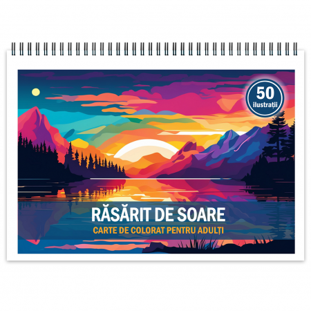 Carti de colorat cu Peisaje, cladiri, castele - Carte de colorat pentru relaxare si antistres, 50 de ilustratii, Rasarit de soare, 106 pagini